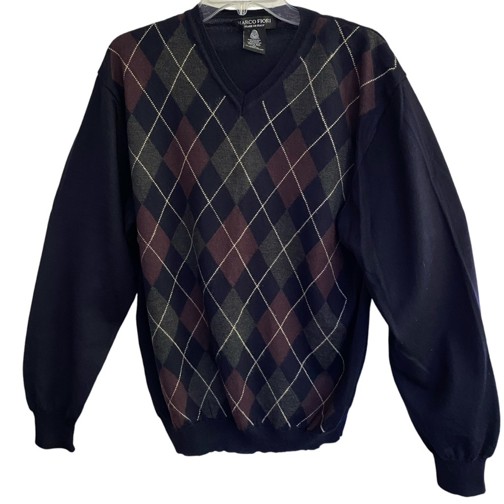 MARCO FIORI 100% Extra Fine Merino Wool Argyle Black Gray Maroon Mens XL